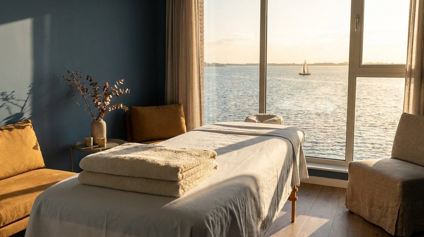 Rustige massageruimte met uitzicht over het water