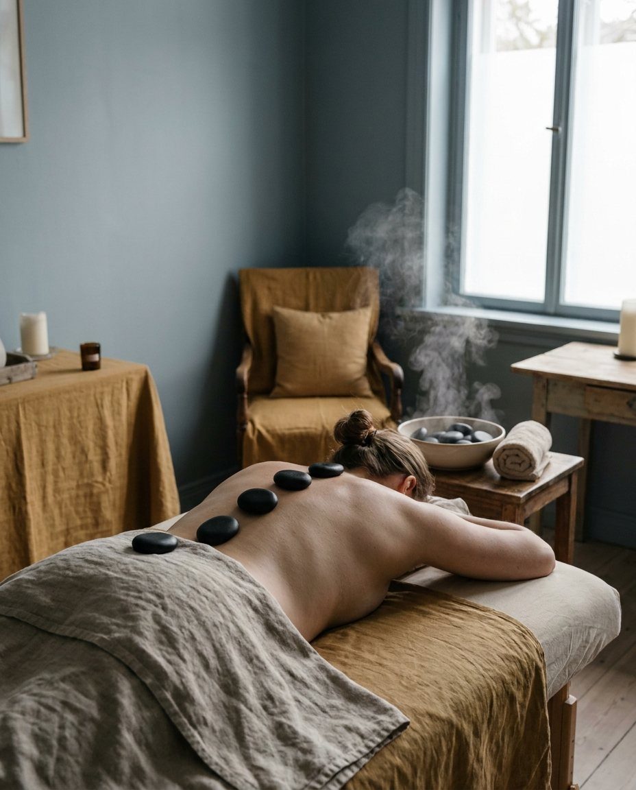 Warme basaltstenen op de rug tijdens een hotstone massage